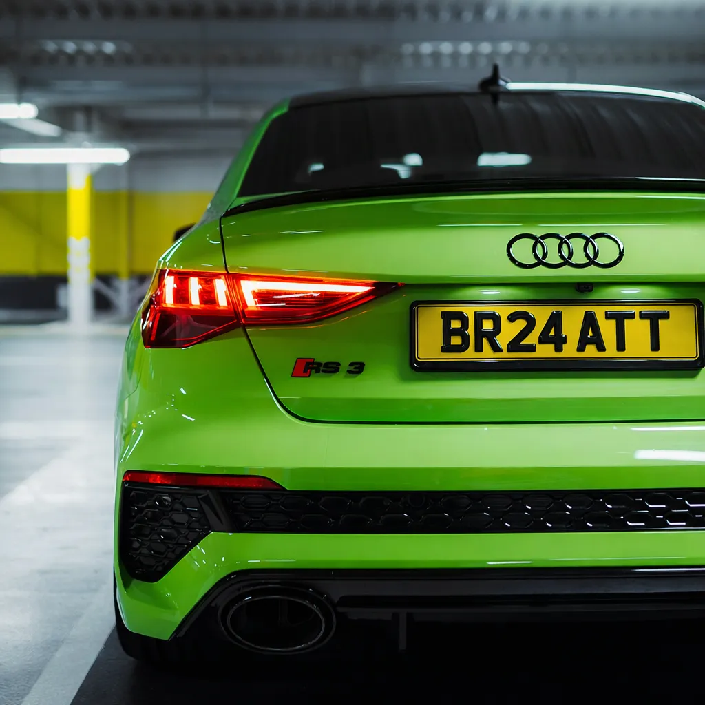 Photo of a metallic lime green Audi RS3 showing the private number plate BR24 ATT, which reads as Brat and is currently available for sale for £9,250.