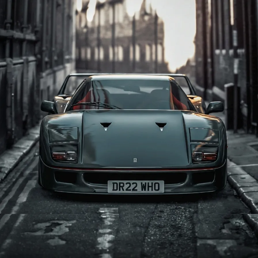 Photo of a dark grey classic 1980s Ferrari F40 showing the private number plate DR22 WHO, which reads as Doctor Who and is currently available for sale for £23,250.