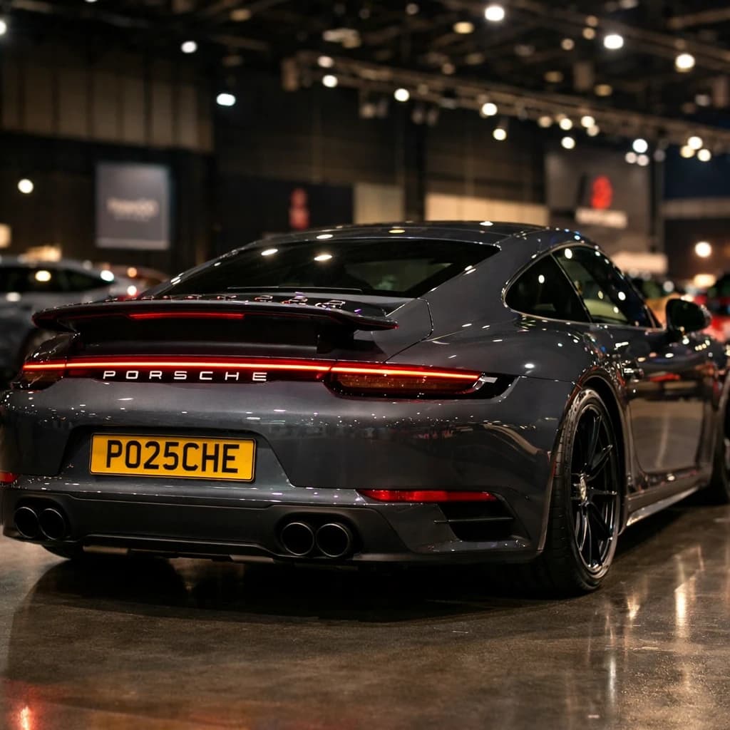 Photo of a dark grey Porsche 911 (922) Carerra Coupe showing the private number plate PO25 CHE, which reads as Porsche. This plate sold at DVLA auction for a price of £39,897.