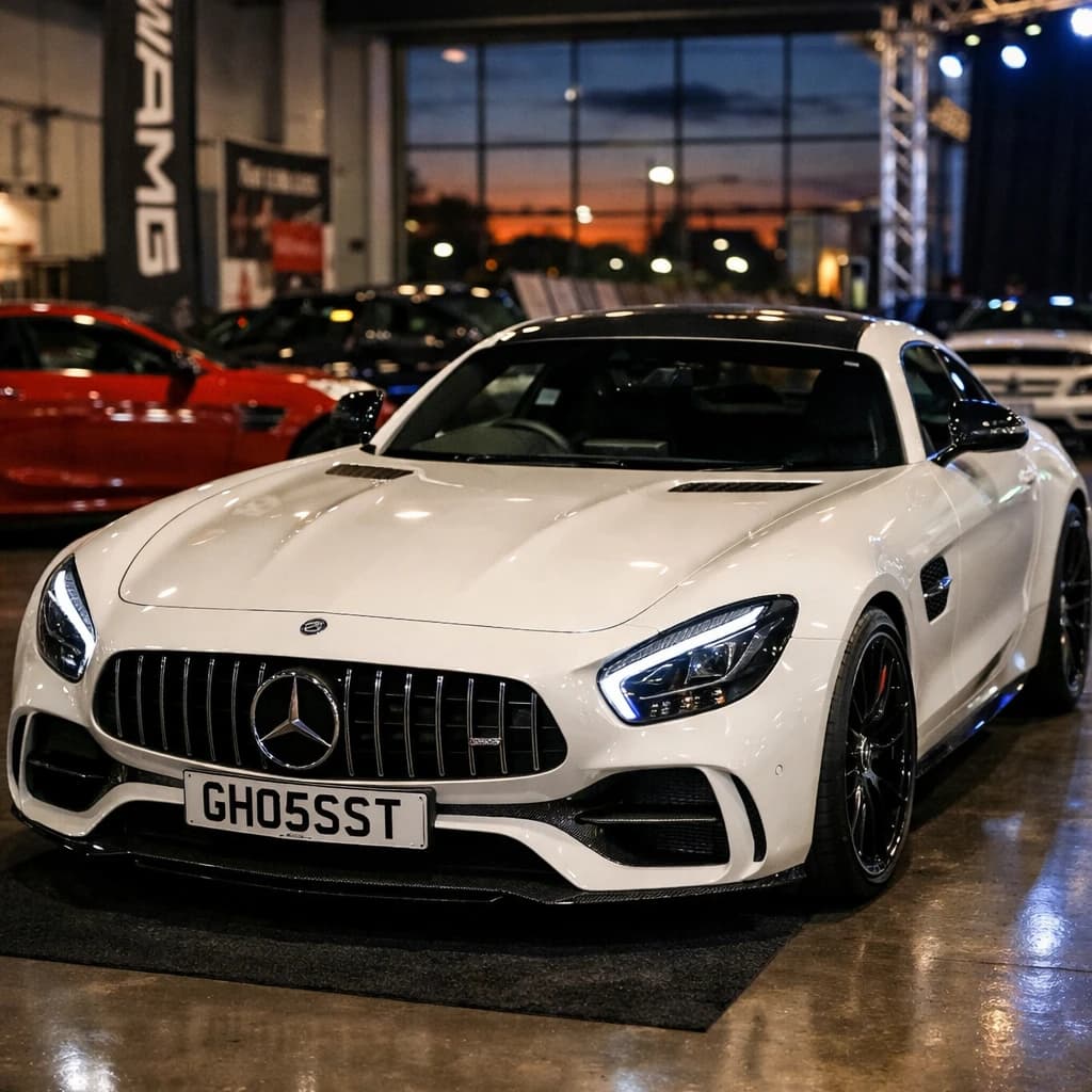 Photo of a white Mercedes-AMG GT showing the private number plate GH05 SST, which reads as Ghost. This plate sold at DVLA auction for a price of £21,279.