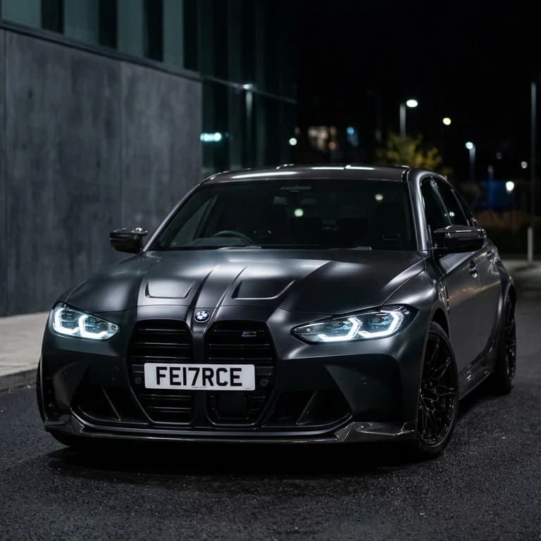 Photo of a wrapped, matte black BMW M3 Competition Touring model showing the private number plate FE17 RCE, which reads as Fierce and is currently available for sale for £17,250.