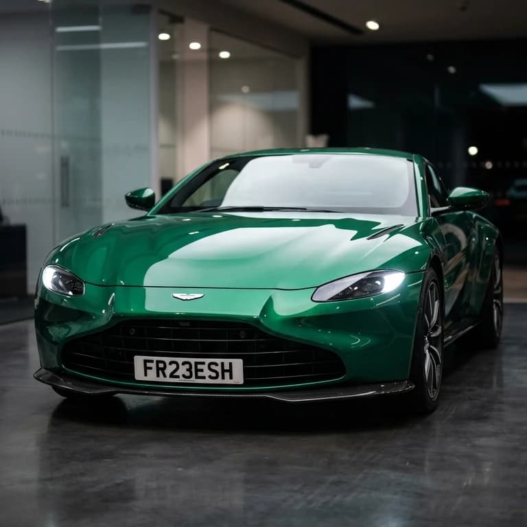 Photo of a Racing Green Aston Martin V8 Vantage Coupe showing the private number plate FR23 ESH, which reads as Fresh and is currently available for sale for £16,850.