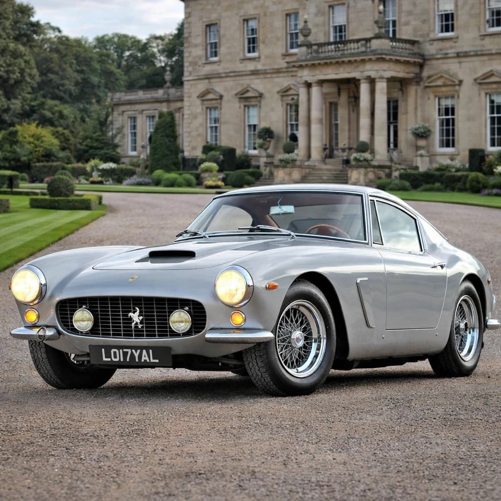 Photo of a matte grey Ferrari 250 GT SWB showing the private number plate LO17 YAL, which reads as Loyal and is currently available for sale for £12,850.