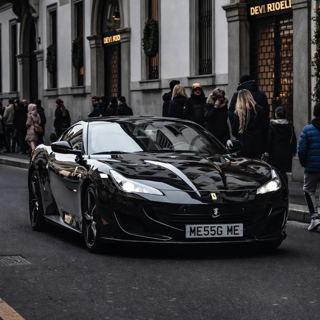 Photo of a Nero Daytona Black Ferrari Portofino showing the private number plate ME55 GME, which reads as Message Me and is currently available for sale for £11,850.