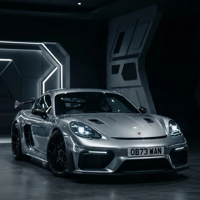 Photo of a metallic silver Porsche GT4 RS showing the private number plate OB73 WAN, which reads as Obi-Wan and is currently available for sale for £13,650.