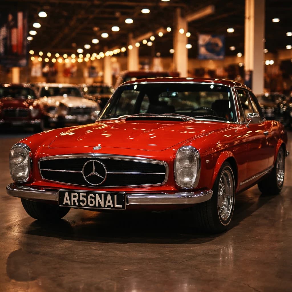 Photo of a 1960s classic metallic red Mercedes-Benz 280SL Pagoda showing the private number plate AR56 NAL, which reads as Arsenal. This plate sold at DVLA auction for a price of £23,231.