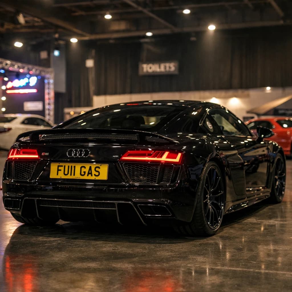 Photo of a metallic black Audi R8 (Type 4S) is the second generation showing the private number plate FU11 GAS, which reads as Full Gas. This plate sold at DVLA auction for a price of £12,920.