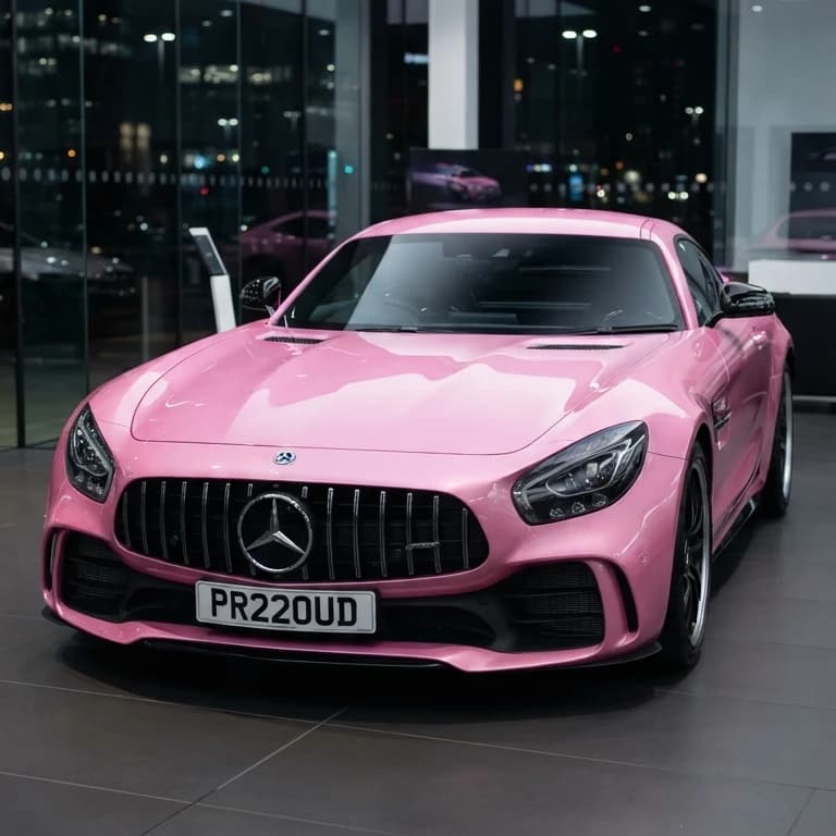 Photo of a metallic pink Mercedes-AMG GT showing the private number plate PR22 OUD, which reads as Proud and is currently available for sale for £16,250.