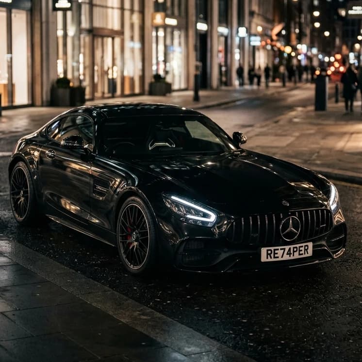 Photo of a glossy black Mercedes-AMG GT Coupe showing the private number plate RE74 PER, which reads as Reaper and is currently available for sale for £7,850.