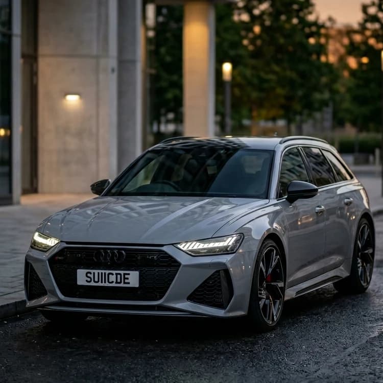 Photo of a Nardo Grey Audi RS4 showing the private number plate SU11 CDE, which reads as a Suicide Squad inspired registration and is currently available for sale for £22,850.