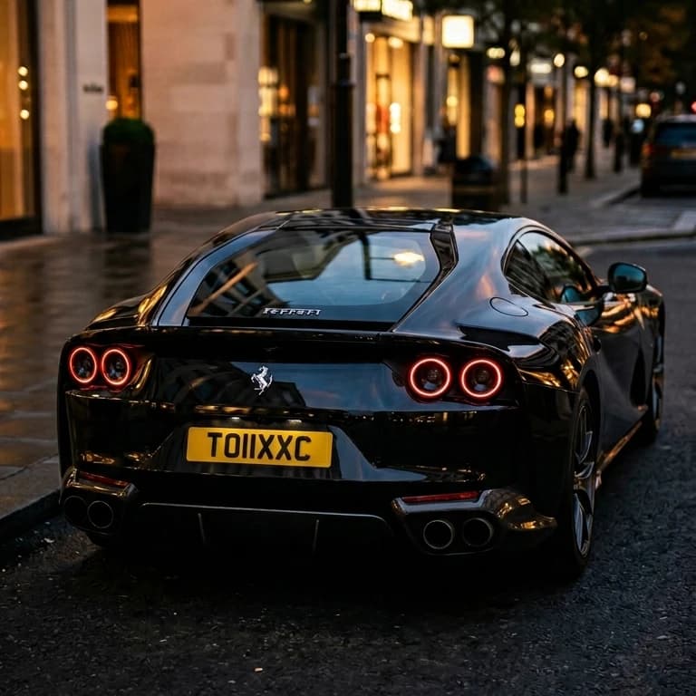 Photo of a glossy Nero DS 1250 Black Ferrari GTC4Lusso supercar showing the private number plate TO11 XXC, which reads as Toxic and is currently available for sale for £21,450.