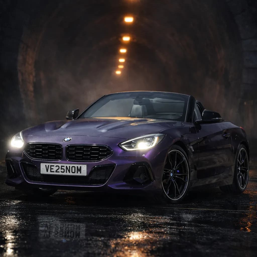 Photo of a Thundernight Metallic Purple BMW Z4 showing the private number plate VE25 NOM, which reads as Venom and is currently available for sale for £8,850.